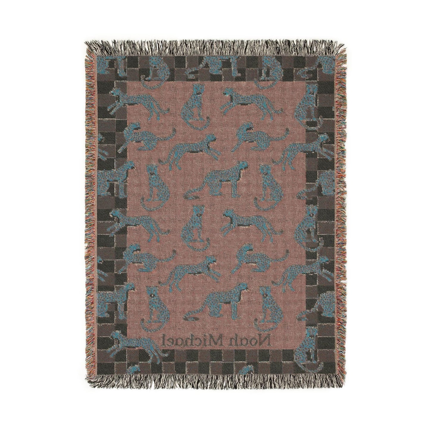 Personalized Cotton Woven Blanket, Playful Cheetahs Blue, Baby Name Blanket, Baby Shower Gift, Checkered Border, Modern Boho Newborn Nursery