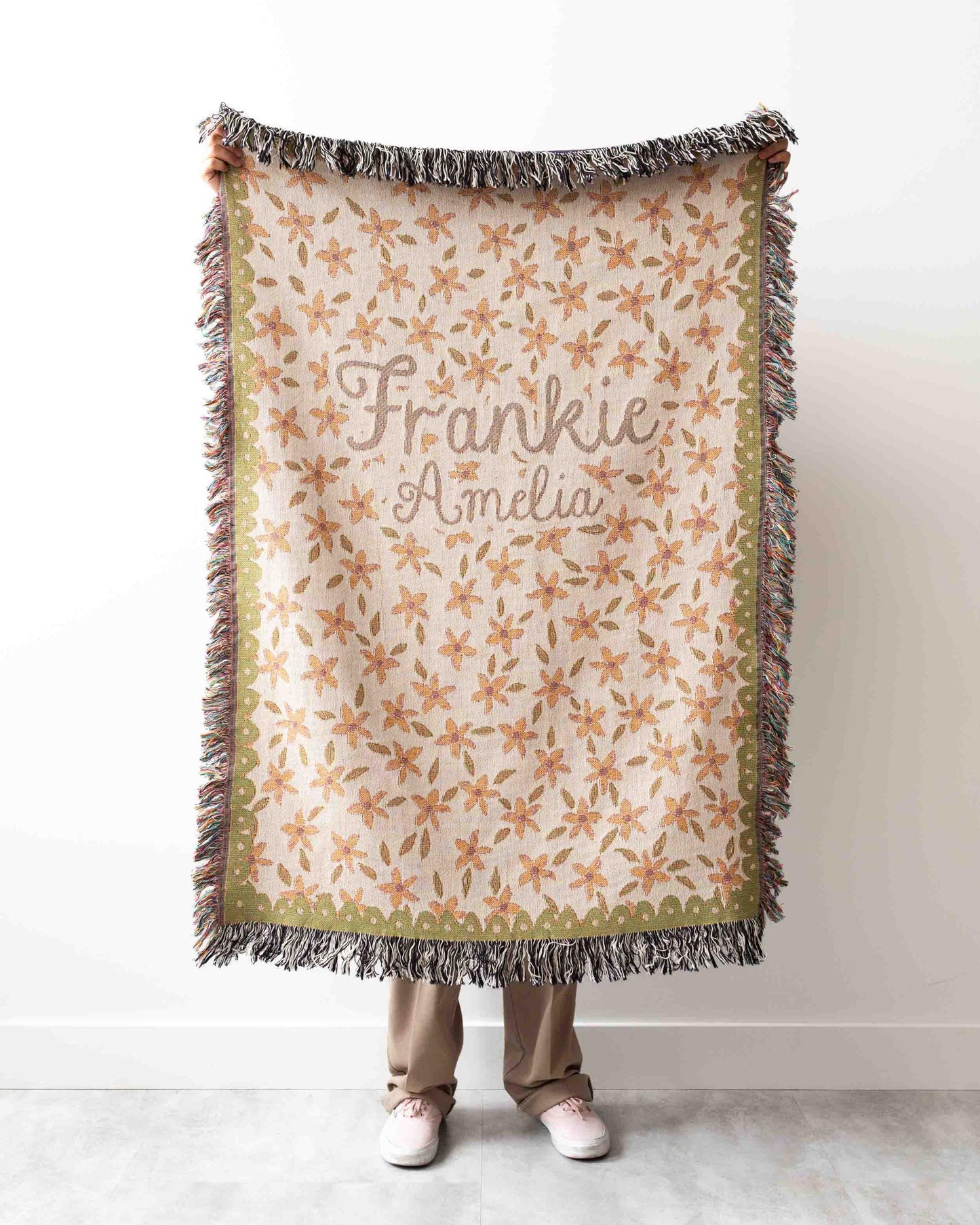 Floral Name Blanket: Cute Gift Girls Boys, Personalized Baby Shower Present, Custom Kids Bedroom Decor, Unique Thoughtful Heirloom, Yellow