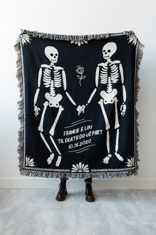 Personalized Skeleton Blanket: Til Death Do Us Part Woven Throw, Spooky Skull Decor, Wedding or Valentines Present, Halloween Goth Wedding