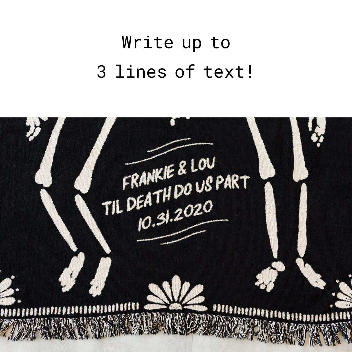 Personalized Skeleton Blanket: Til Death Do Us Part Woven Throw, Spooky Skull Decor, Wedding or Valentines Present, Halloween Goth Wedding