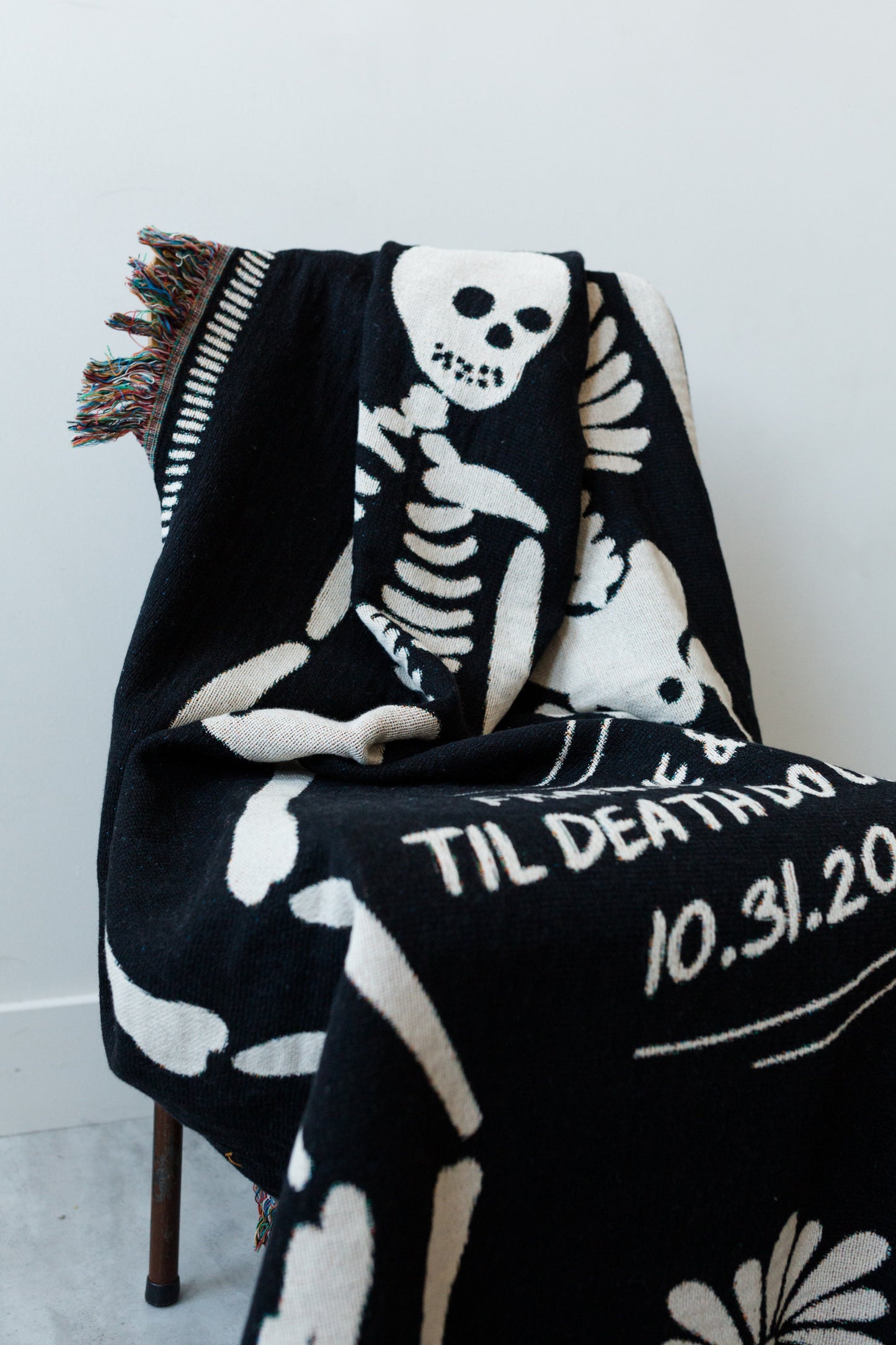 Personalized Skeleton Blanket: Til Death Do Us Part Woven Throw, Spooky Skull Decor, Wedding or Valentines Present, Halloween Goth Wedding