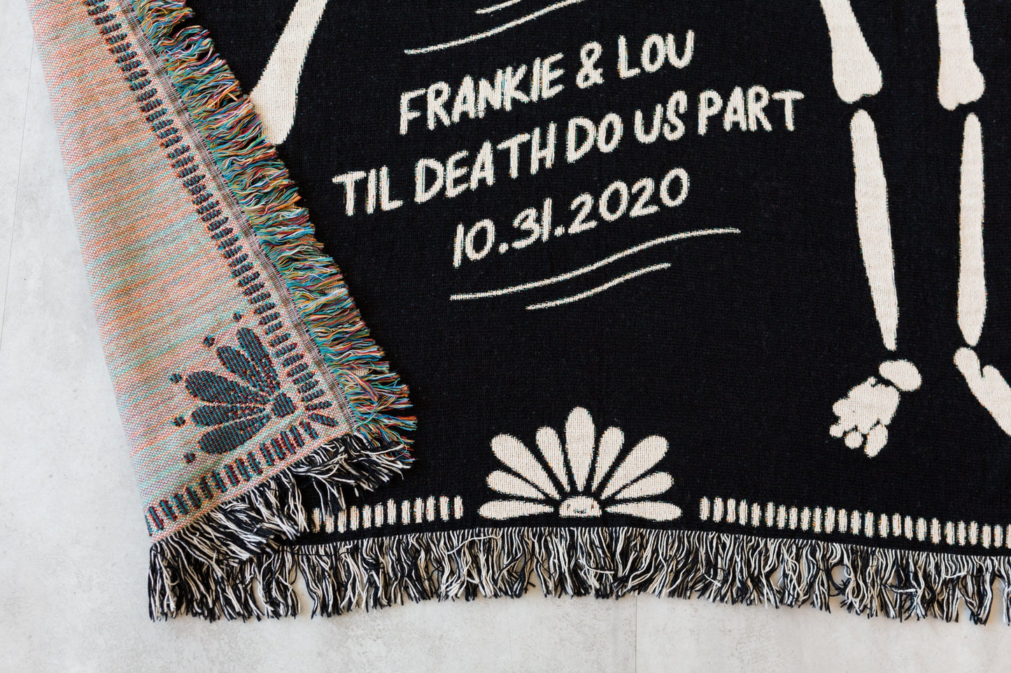 Personalized Skeleton Blanket: Til Death Do Us Part Woven Throw, Spooky Skull Decor, Wedding or Valentines Present, Halloween Goth Wedding