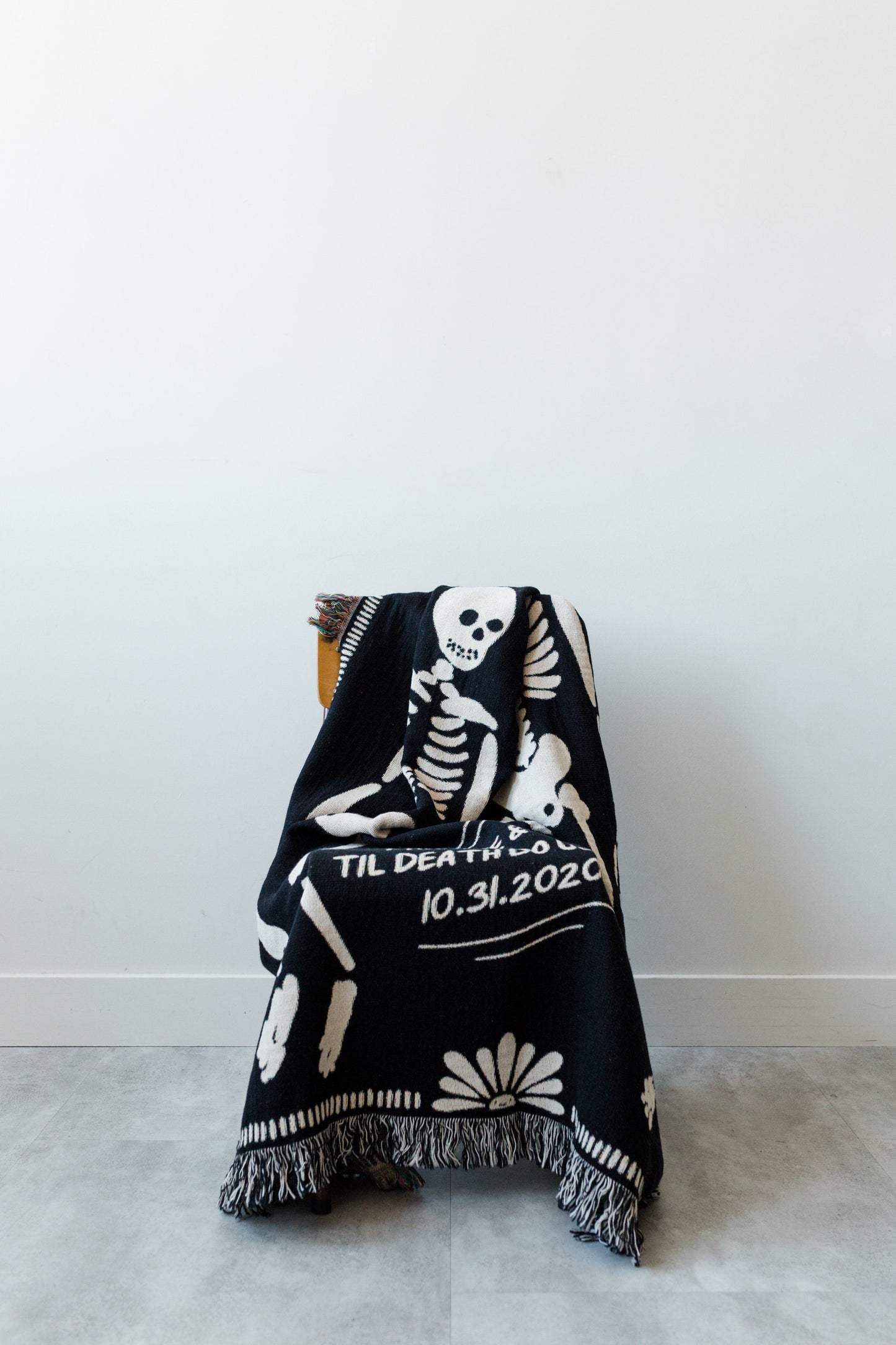 Personalized Skeleton Blanket: Til Death Do Us Part Woven Throw, Spooky Skull Decor, Wedding or Valentines Present, Halloween Goth Wedding