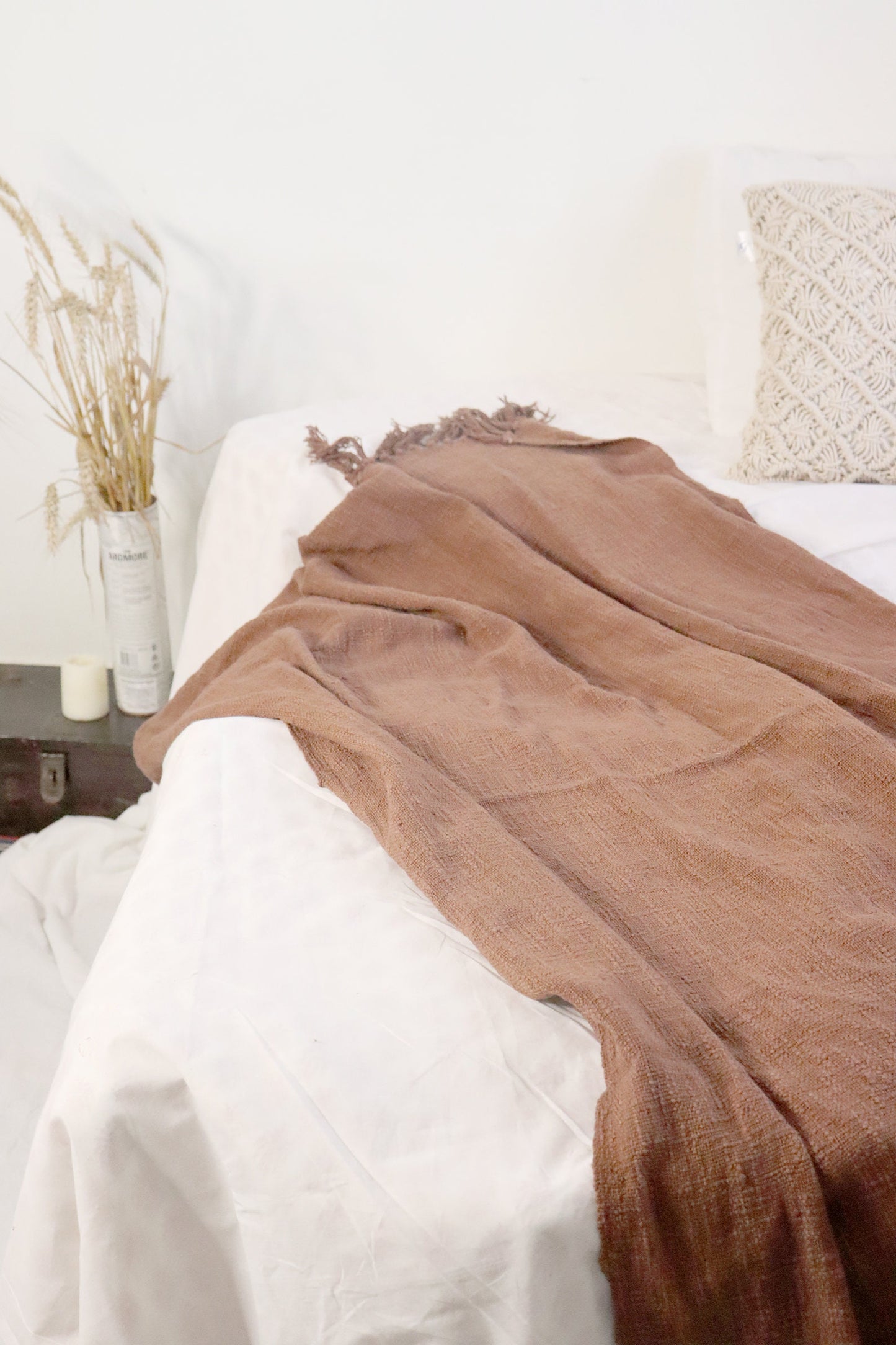 Handwoven Brown Cotton Throw Blanket: Rustic Bohemian Sofa Decor