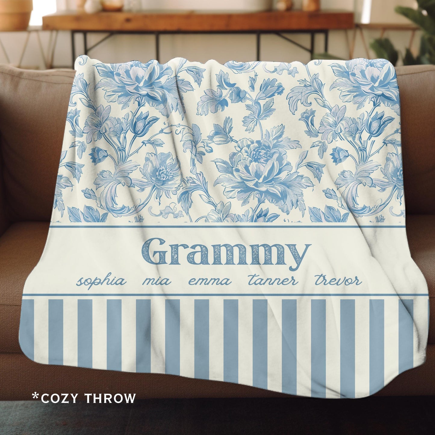 Personalized Floral Sherpa Fleece Blanket for Grandma or Mom, Kids Names, English Cottage Aesthetic, Custom Cozy Throw, Gift for Her, Family