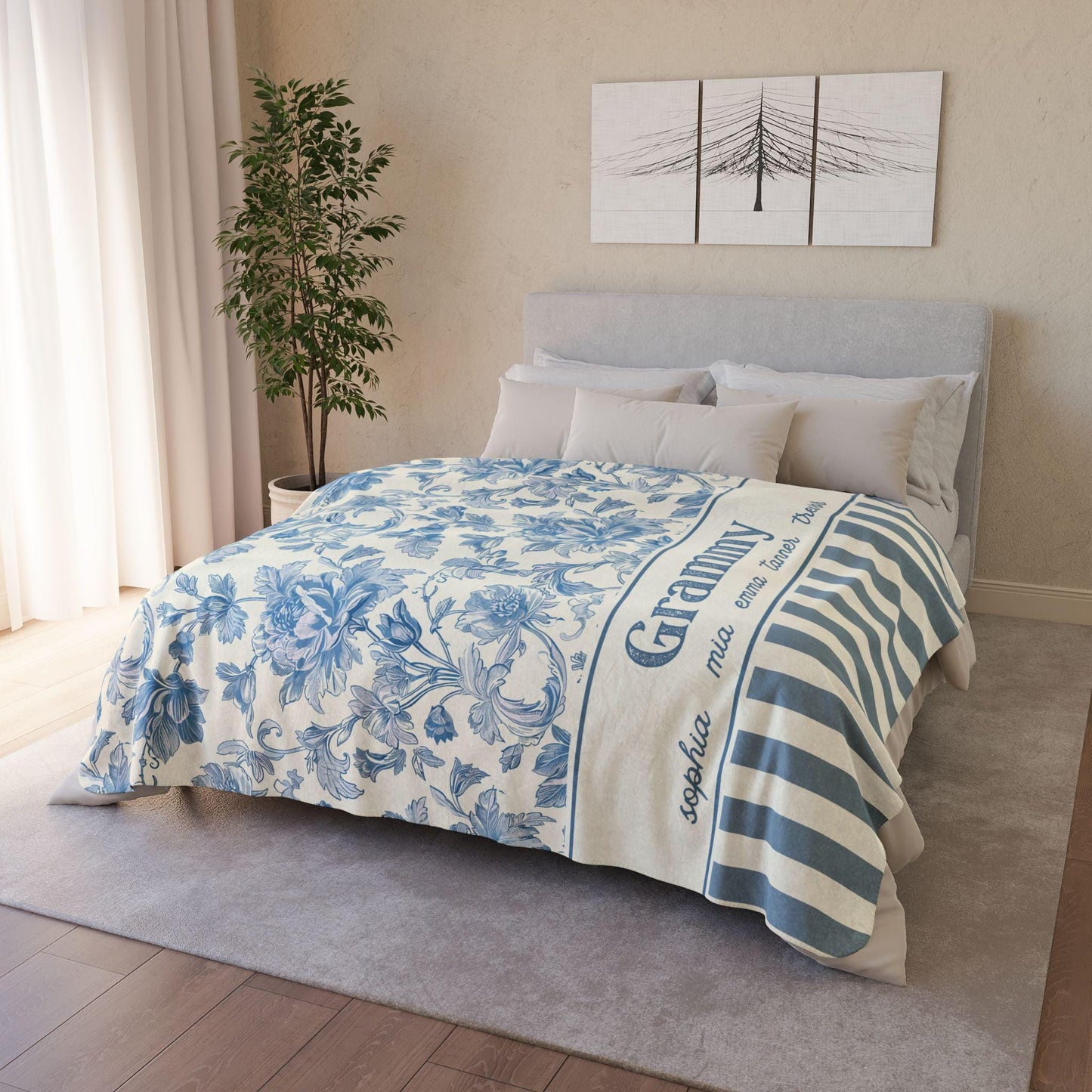 Personalized Floral Sherpa Fleece Blanket for Grandma or Mom, Kids Names, English Cottage Aesthetic, Custom Cozy Throw, Gift for Her, Family