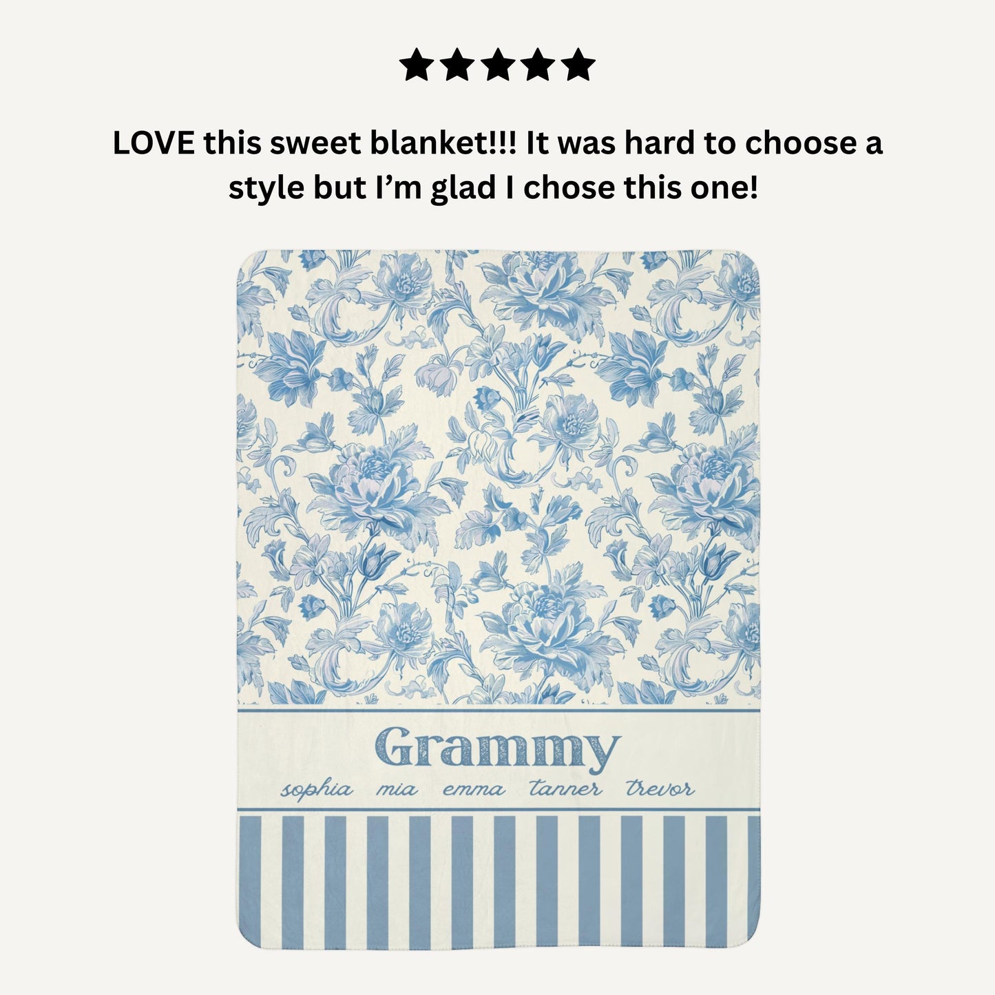 Personalized Floral Sherpa Fleece Blanket for Grandma or Mom, Kids Names, English Cottage Aesthetic, Custom Cozy Throw, Gift for Her, Family