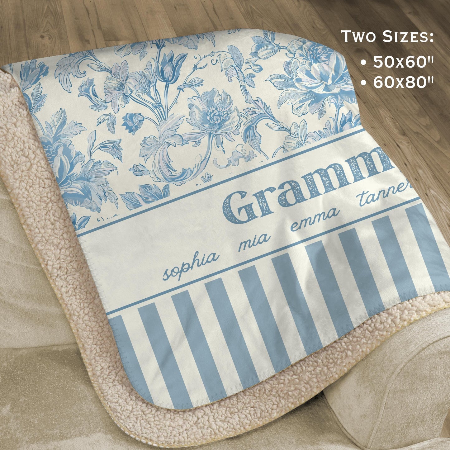 Personalized Floral Sherpa Fleece Blanket for Grandma or Mom, Kids Names, English Cottage Aesthetic, Custom Cozy Throw, Gift for Her, Family