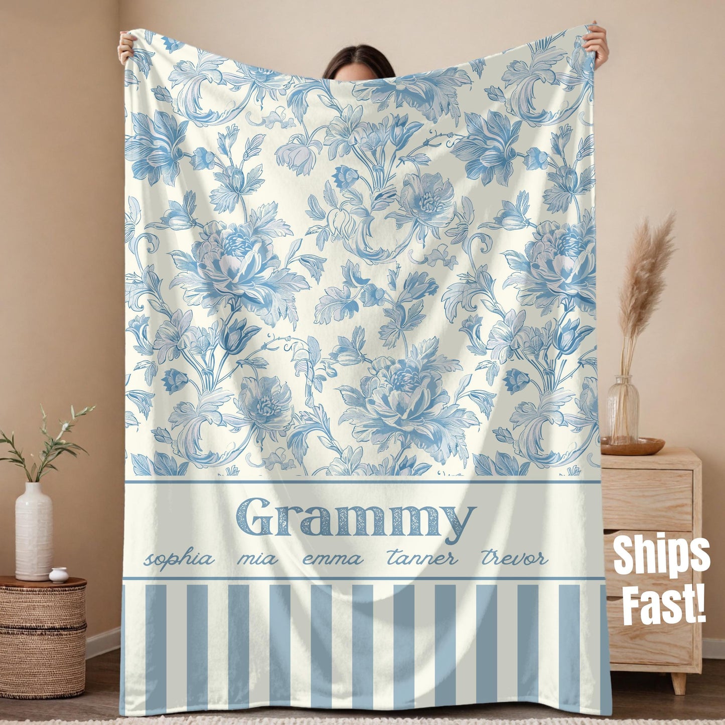 Personalized Floral Sherpa Fleece Blanket for Grandma or Mom, Kids Names, English Cottage Aesthetic, Custom Cozy Throw, Gift for Her, Family