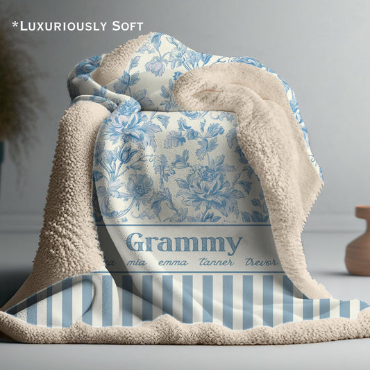 Personalized Floral Sherpa Fleece Blanket for Grandma or Mom, Kids Names, English Cottage Aesthetic, Custom Cozy Throw, Gift for Her, Family