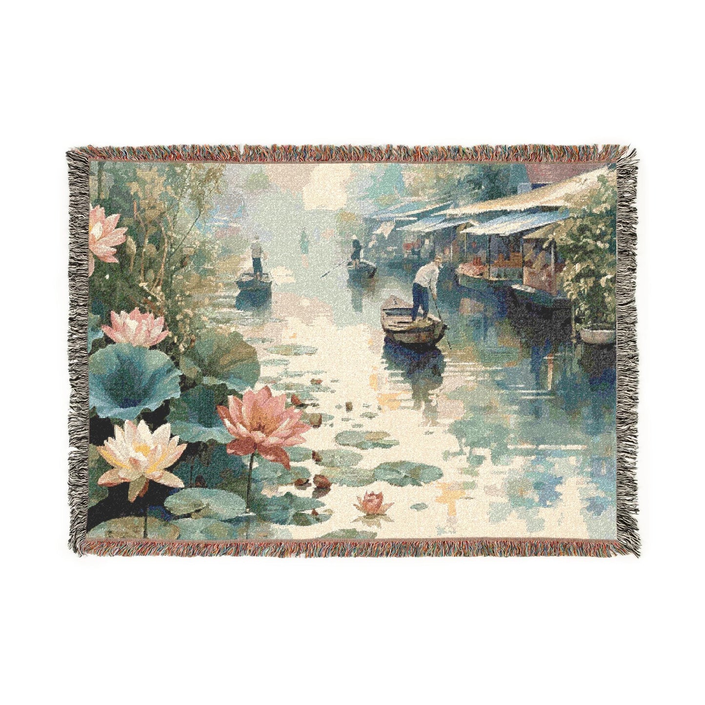 Lotus River Woven Blanket, Tranquil Water Scene Tapestry Throw