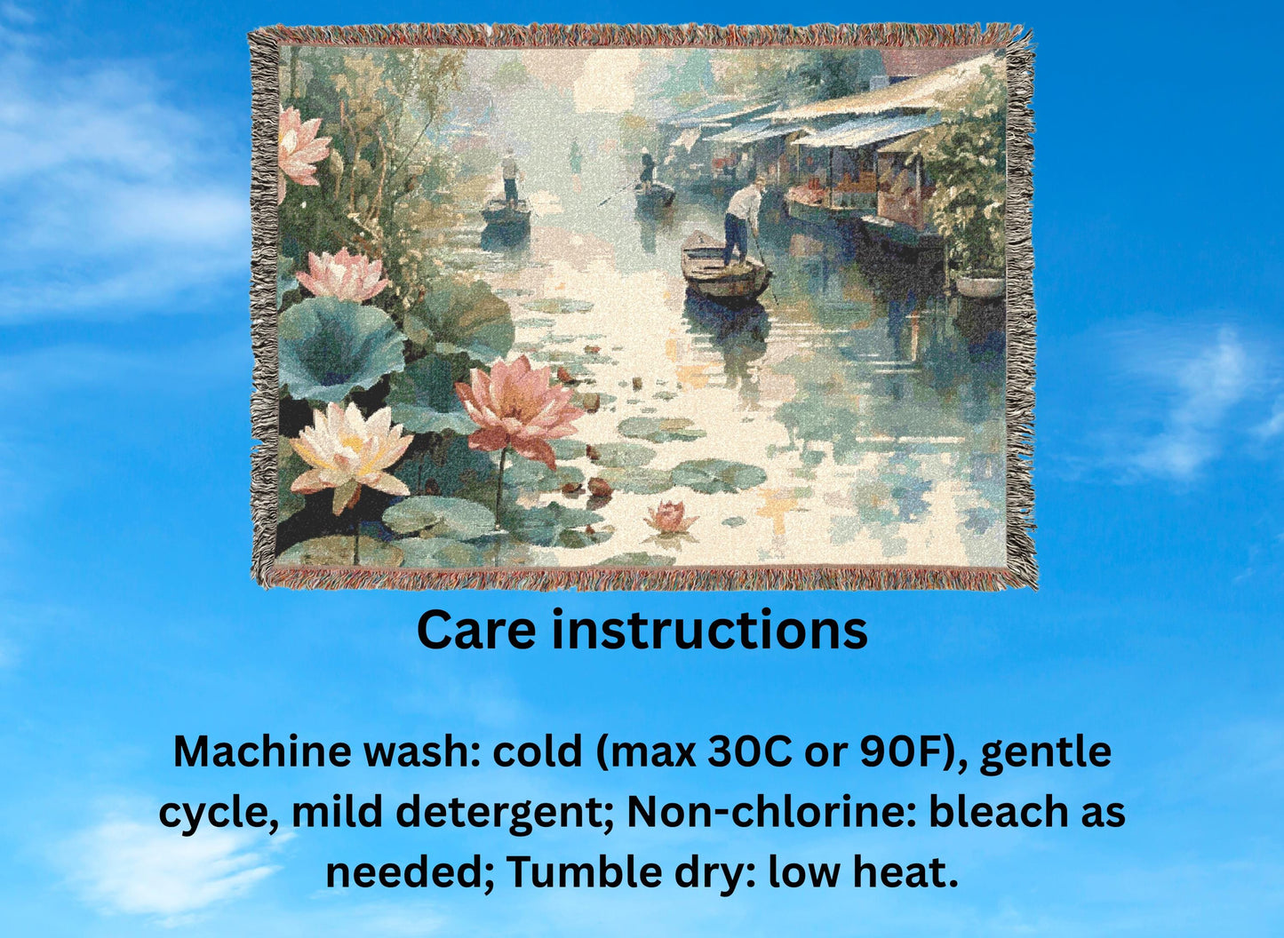Lotus River Woven Blanket, Tranquil Water Scene Tapestry Throw