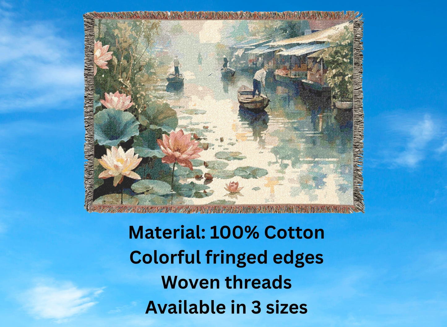 Lotus River Woven Blanket, Tranquil Water Scene Tapestry Throw