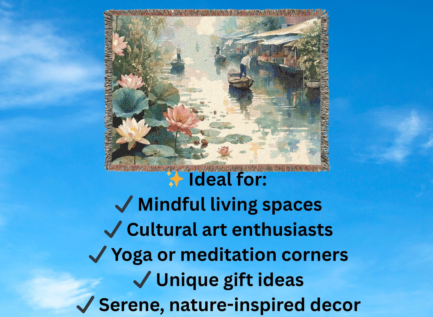 Lotus River Woven Blanket, Tranquil Water Scene Tapestry Throw