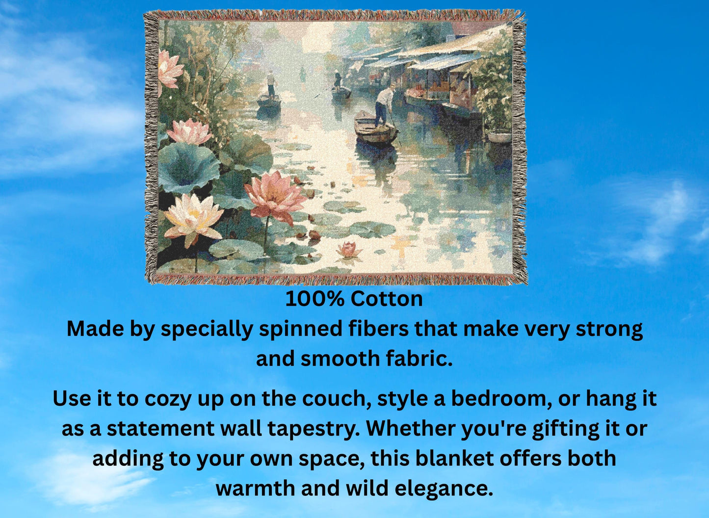 Lotus River Woven Blanket, Tranquil Water Scene Tapestry Throw