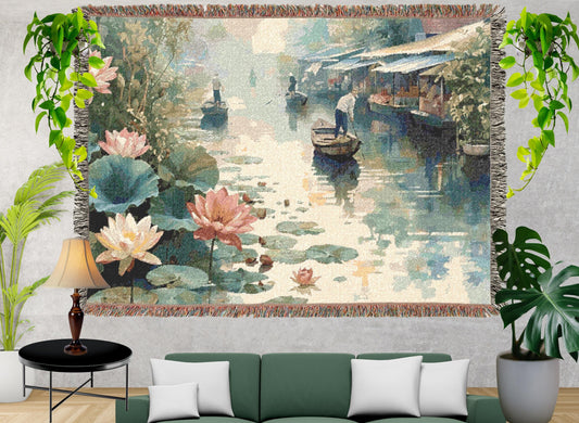 Lotus River Woven Blanket, Tranquil Water Scene Tapestry Throw