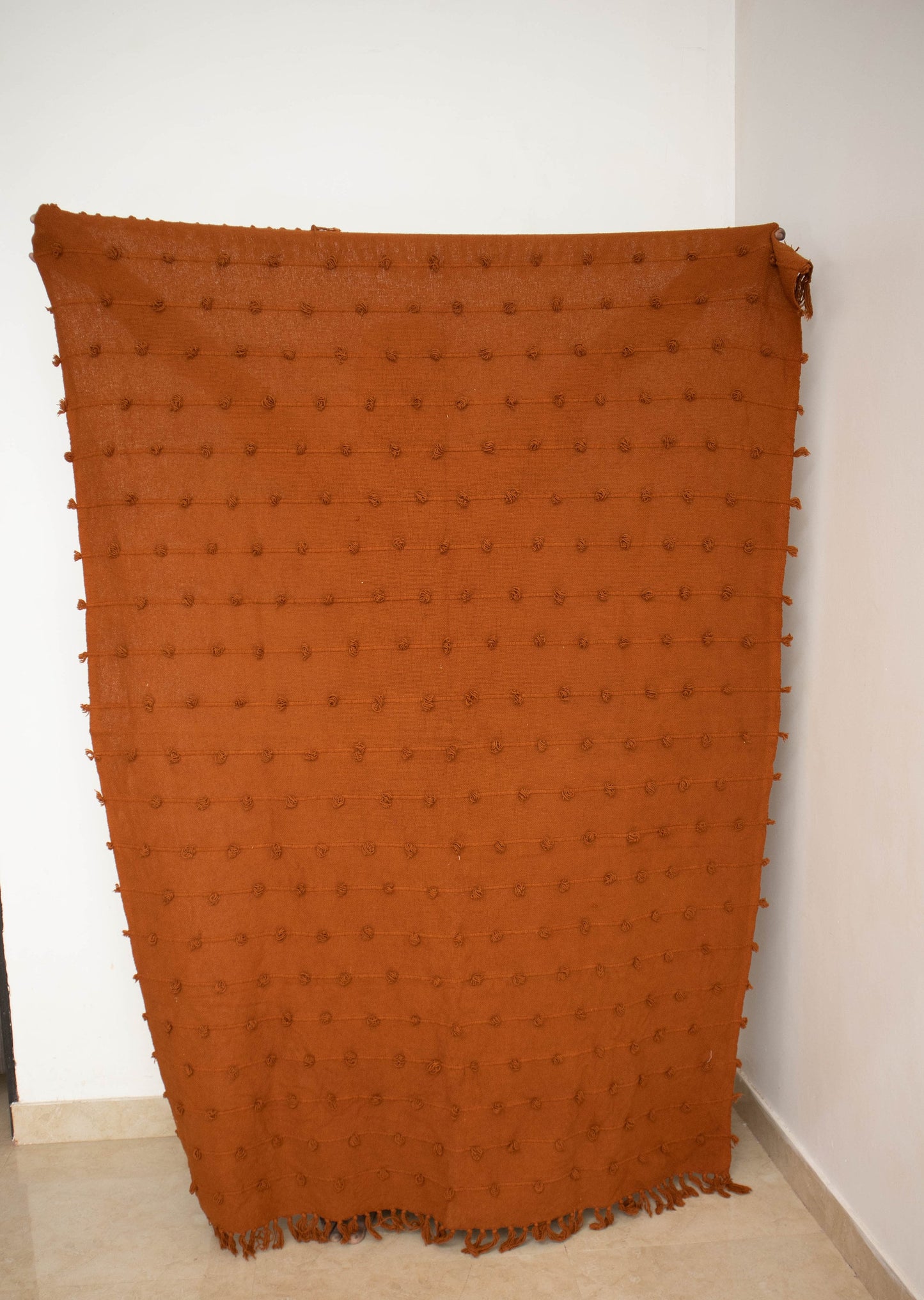 Cotton Throw Blanket - Chunky Knitted Handloom Loops & Fringe Rust Blanket