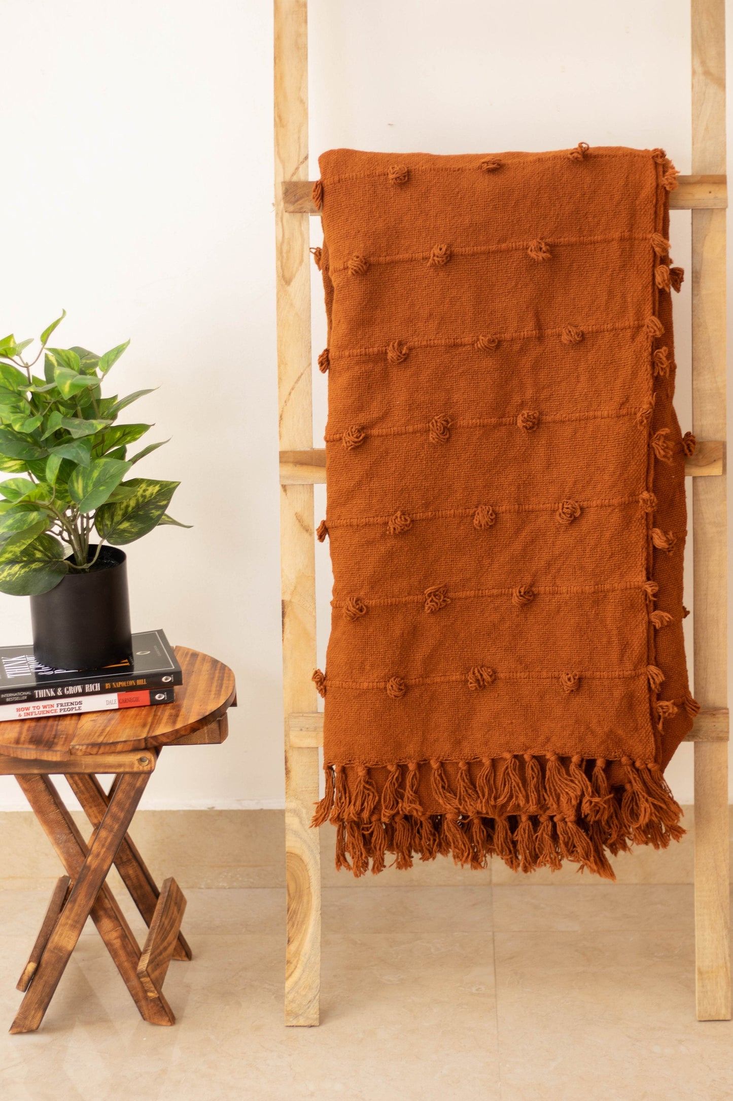 Cotton Throw Blanket - Chunky Knitted Handloom Loops & Fringe Rust Blanket