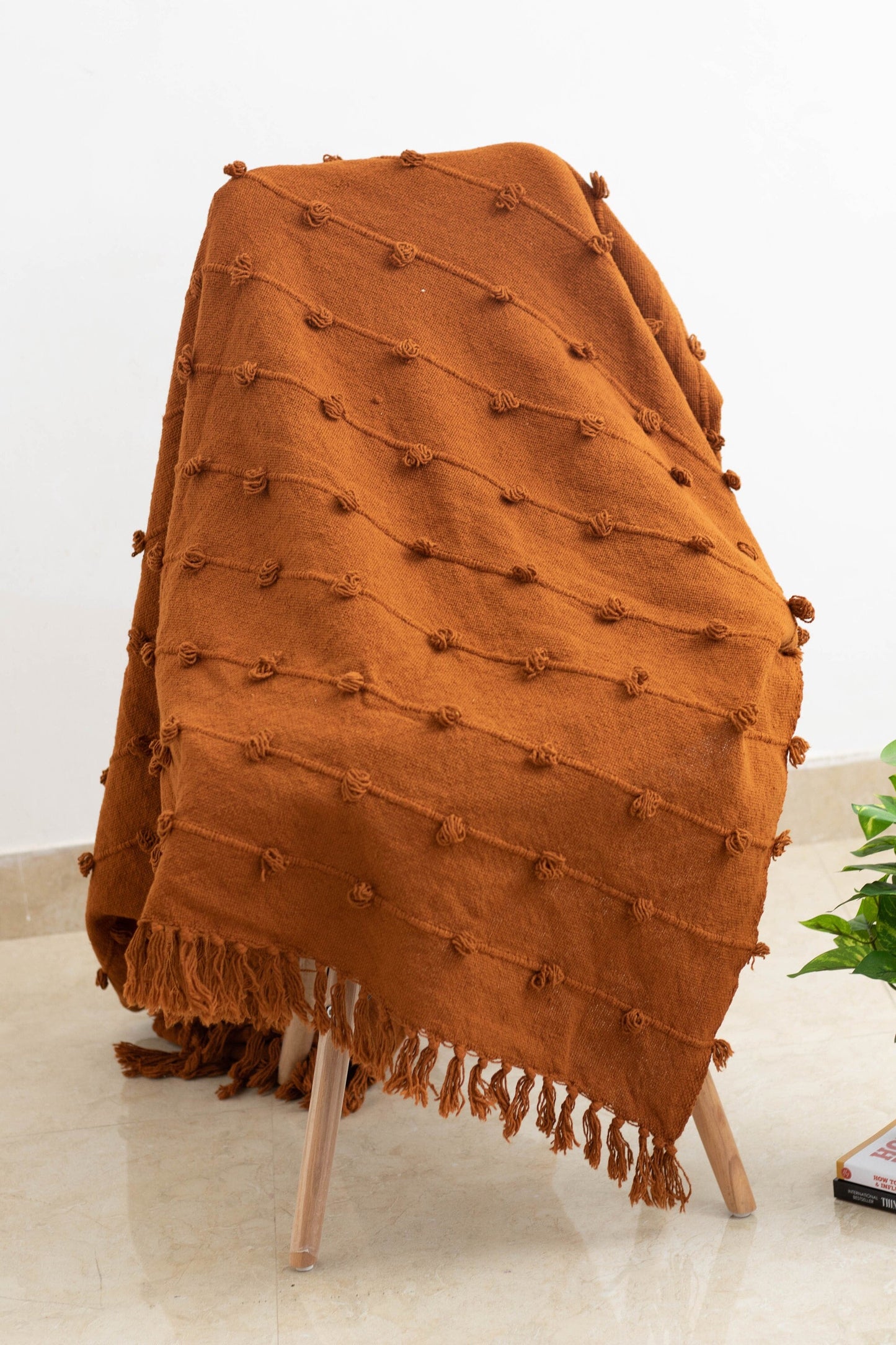 Cotton Throw Blanket - Chunky Knitted Handloom Loops & Fringe Rust Blanket