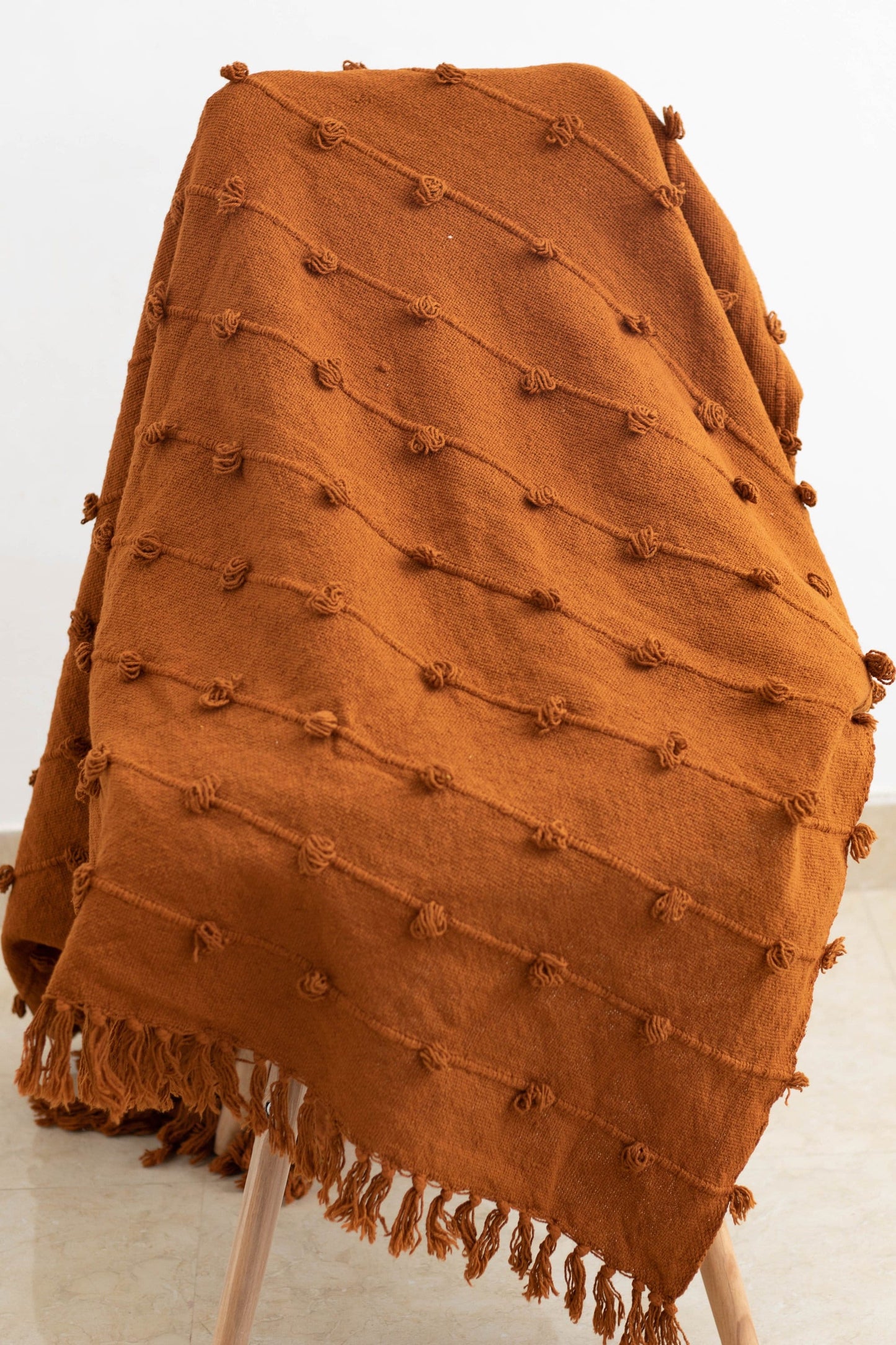 Cotton Throw Blanket - Chunky Knitted Handloom Loops & Fringe Rust Blanket