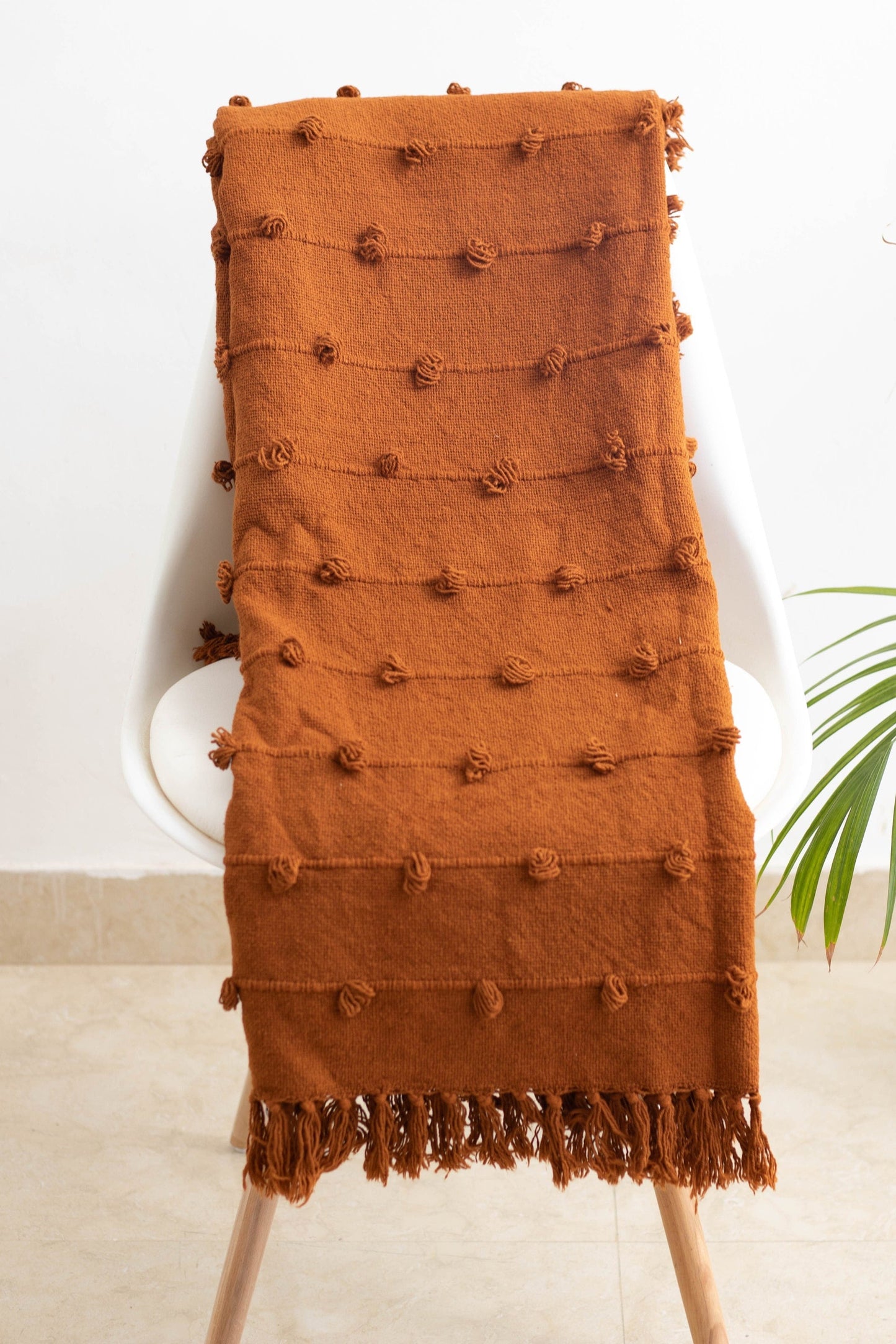 Cotton Throw Blanket - Chunky Knitted Handloom Loops & Fringe Rust Blanket