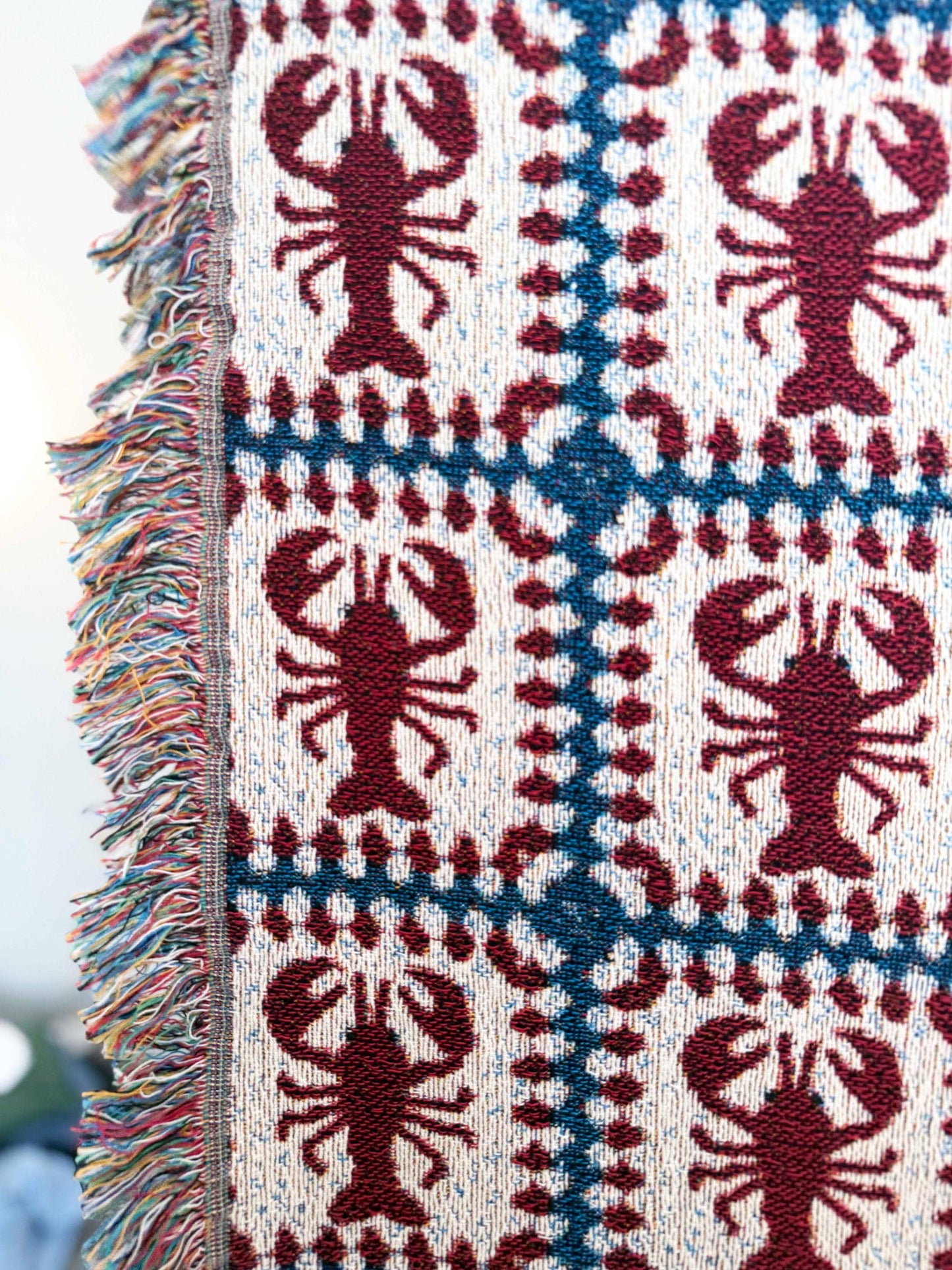 Lobster Granny Square Woven Throw Blanket, Fisherman Coastal Cottagecore Decor Gift Large Wall Art