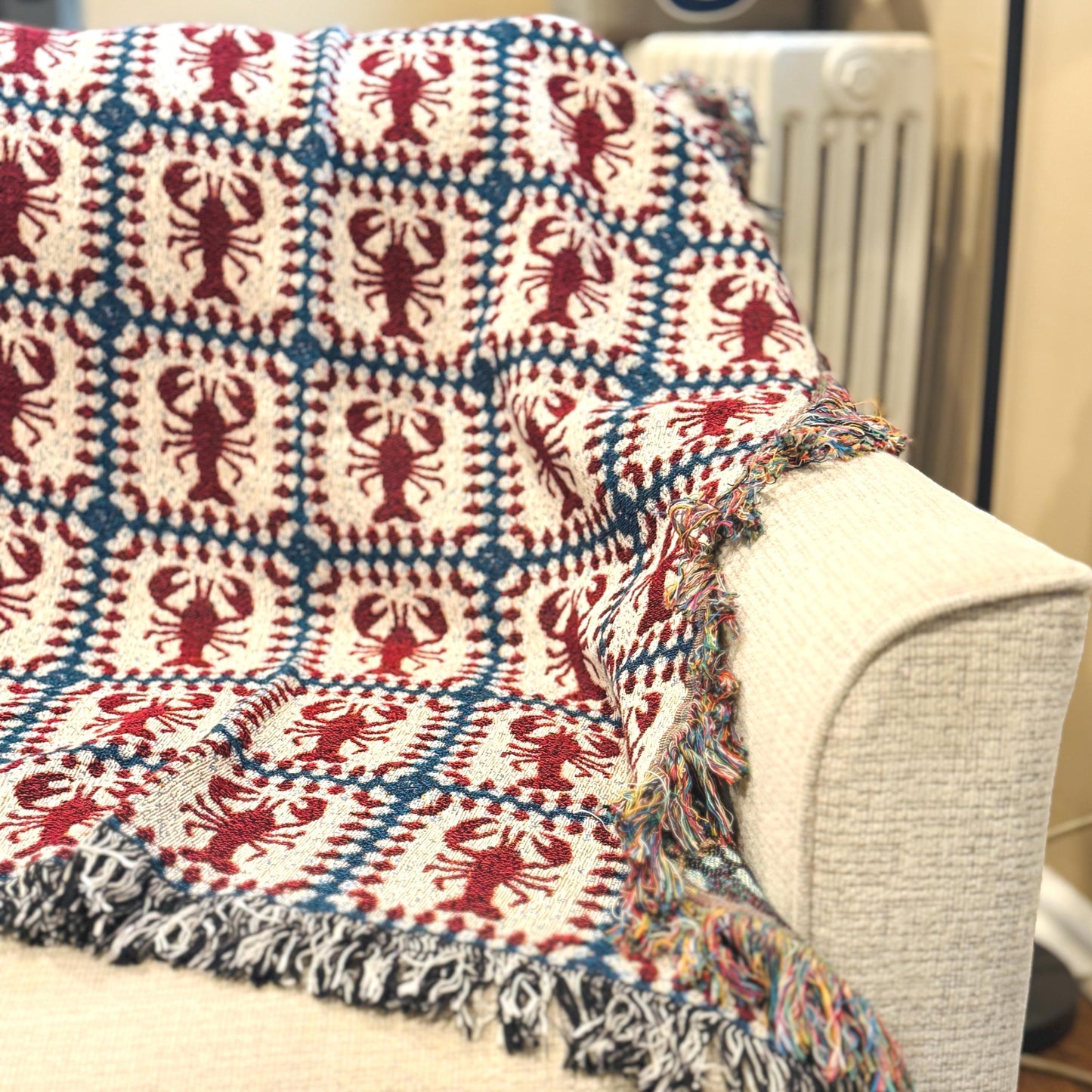 Lobster Granny Square Woven Throw Blanket, Fisherman Coastal Cottagecore Decor Gift Large Wall Art