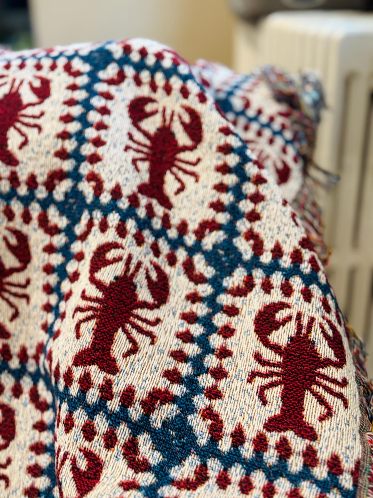 Lobster Granny Square Woven Throw Blanket, Fisherman Coastal Cottagecore Decor Gift Large Wall Art