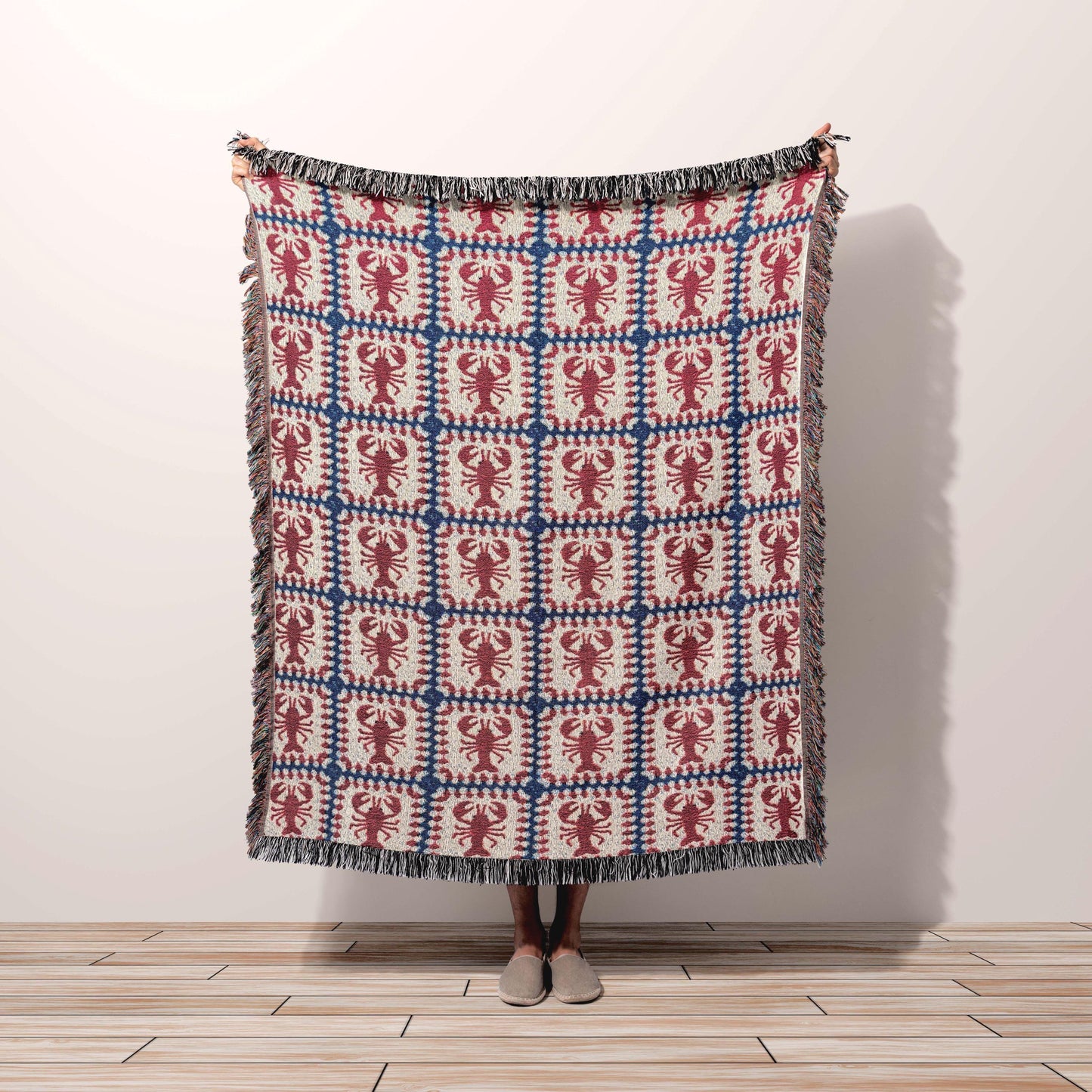 Lobster Granny Square Woven Throw Blanket, Fisherman Coastal Cottagecore Decor Gift Large Wall Art