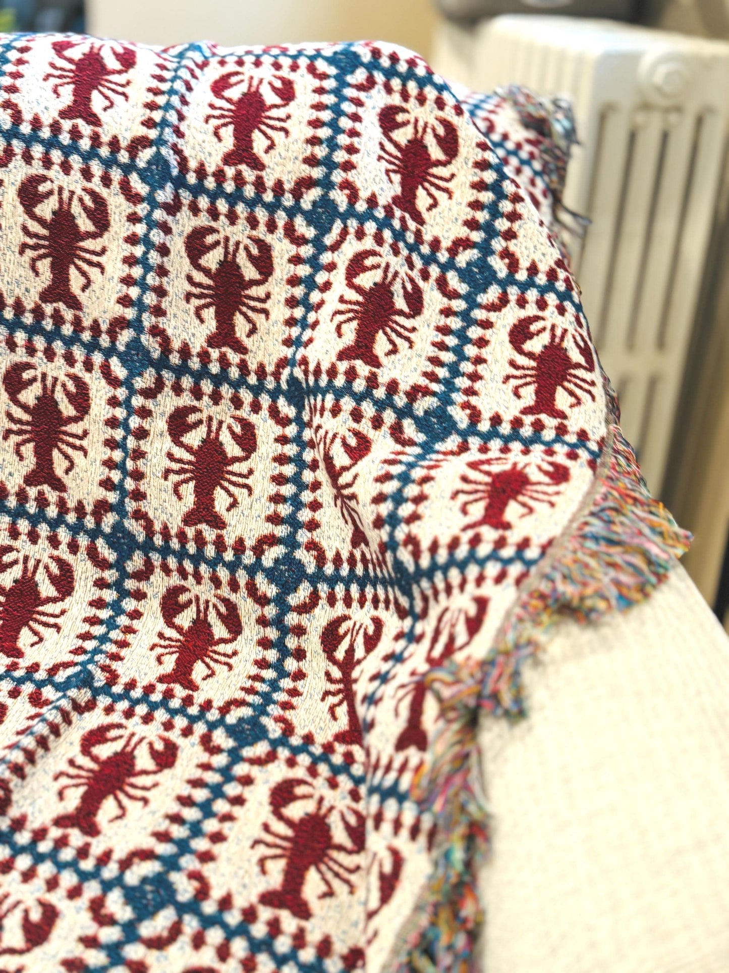 Lobster Granny Square Woven Throw Blanket, Fisherman Coastal Cottagecore Decor Gift Large Wall Art