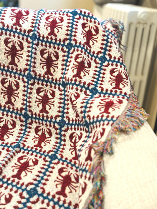 Lobster Granny Square Woven Throw Blanket, Fisherman Coastal Cottagecore Decor Gift Large Wall Art