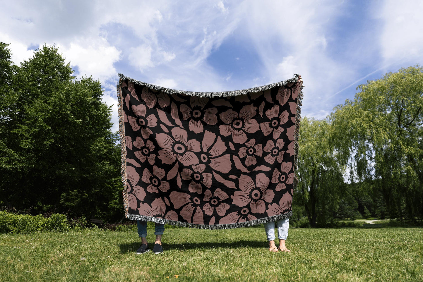 Blush Noir Floral Woven Throw Blanket