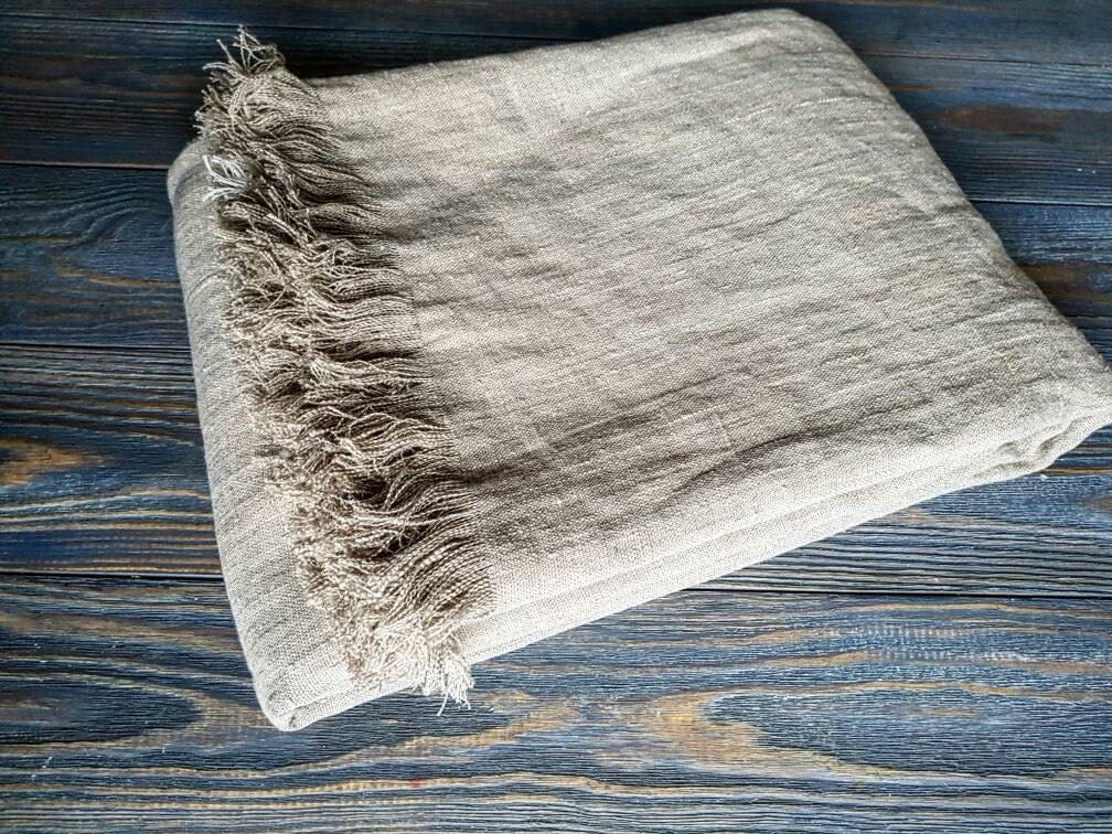 Heavy raw linen blanket, softened rustic linen couch cover, farmhouse inspire beige fringed linen throw beach wrap, rough texture sofa throw