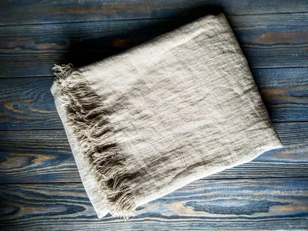 Heavy raw linen blanket, softened rustic linen couch cover, farmhouse inspire beige fringed linen throw beach wrap, rough texture sofa throw