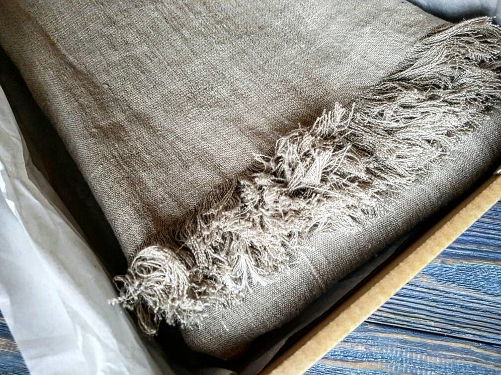 Heavy raw linen blanket, softened rustic linen couch cover, farmhouse inspire beige fringed linen throw beach wrap, rough texture sofa throw