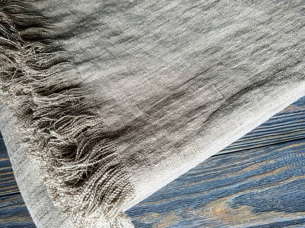Heavy raw linen blanket, softened rustic linen couch cover, farmhouse inspire beige fringed linen throw beach wrap, rough texture sofa throw