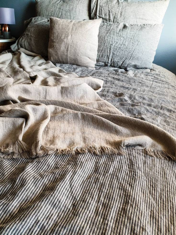 Heavy raw linen blanket, softened rustic linen couch cover, farmhouse inspire beige fringed linen throw beach wrap, rough texture sofa throw