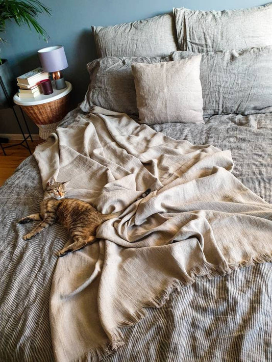 Heavy raw linen blanket, softened rustic linen couch cover, farmhouse inspire beige fringed linen throw beach wrap, rough texture sofa throw