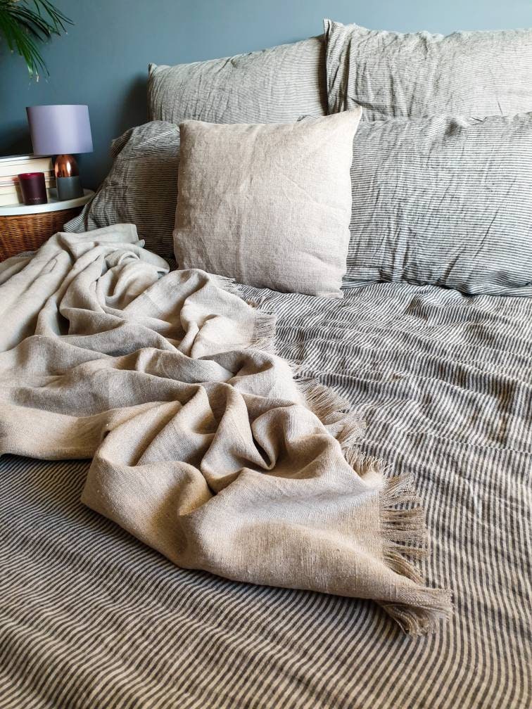 Heavy raw linen blanket, softened rustic linen couch cover, farmhouse inspire beige fringed linen throw beach wrap, rough texture sofa throw