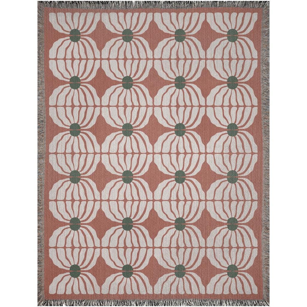 Retro Bloom Woven Cotton Blanket In Terracotta, Green, And White