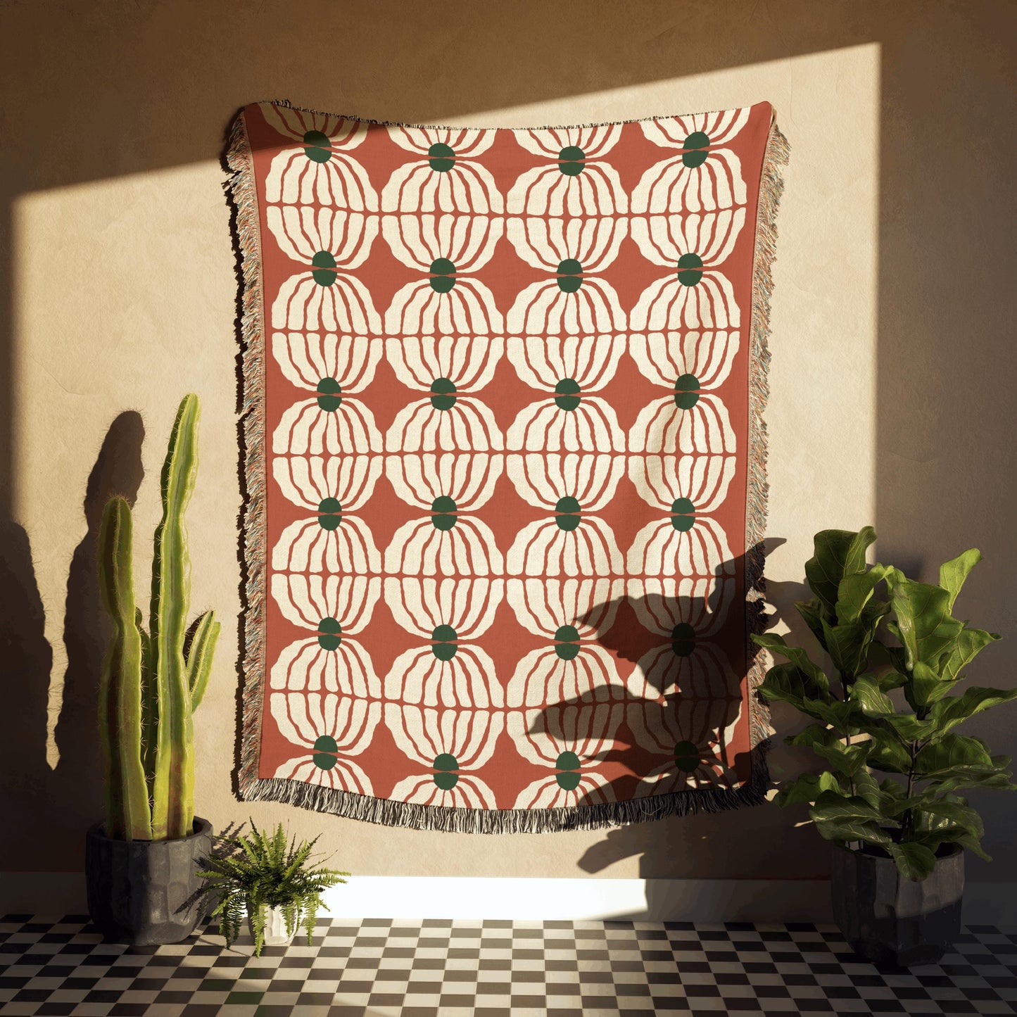 Retro Bloom Woven Cotton Blanket In Terracotta, Green, And White