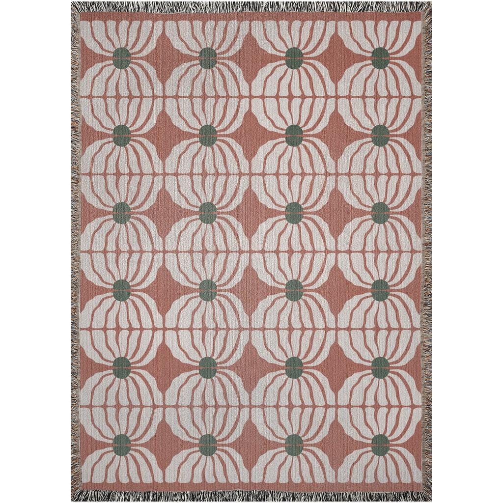 Retro Bloom Woven Cotton Blanket In Terracotta, Green, And White