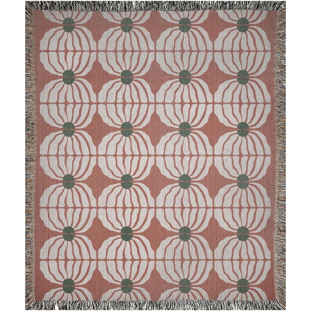 Retro Bloom Woven Cotton Blanket In Terracotta, Green, And White