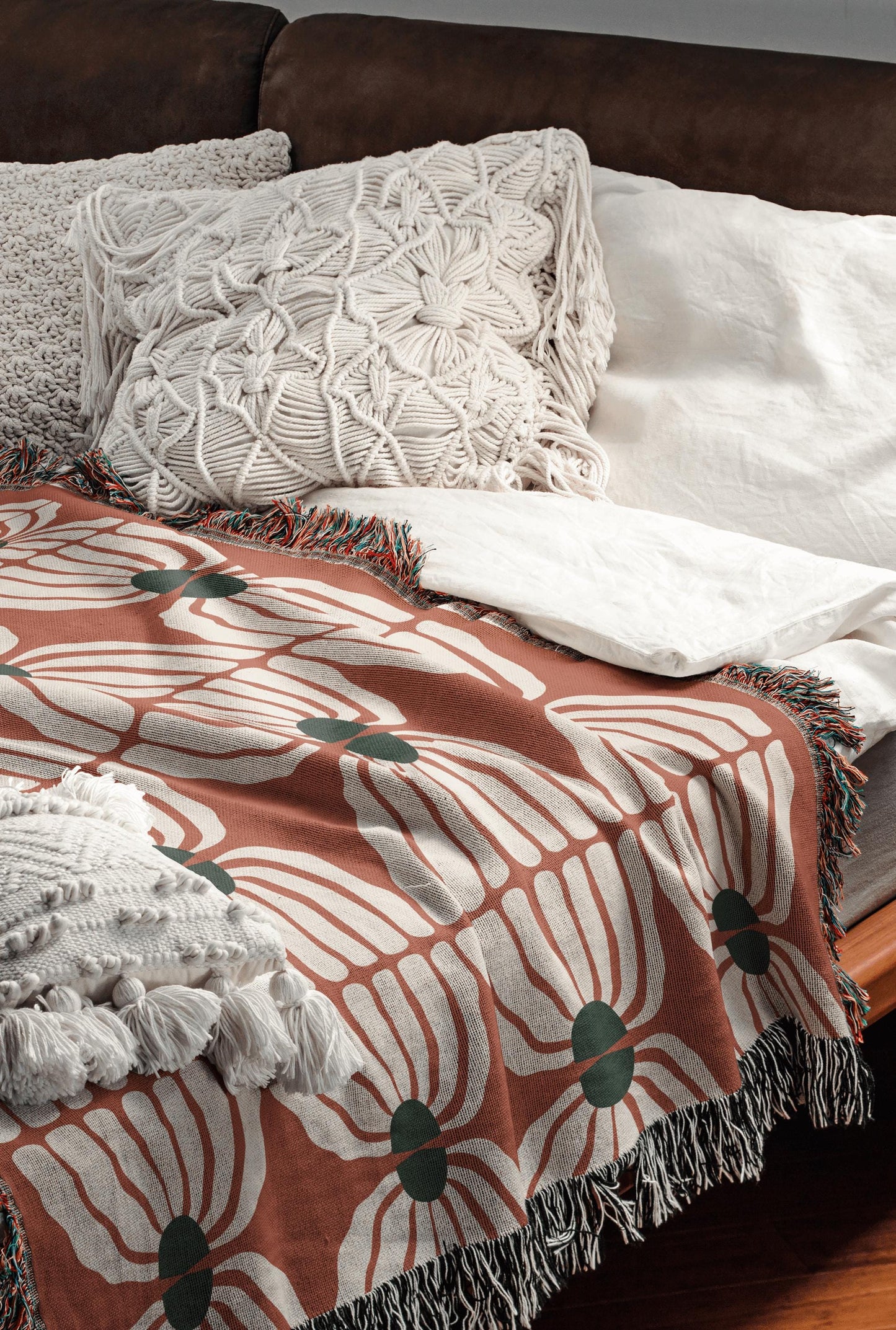 Retro Bloom Woven Cotton Blanket In Terracotta, Green, And White