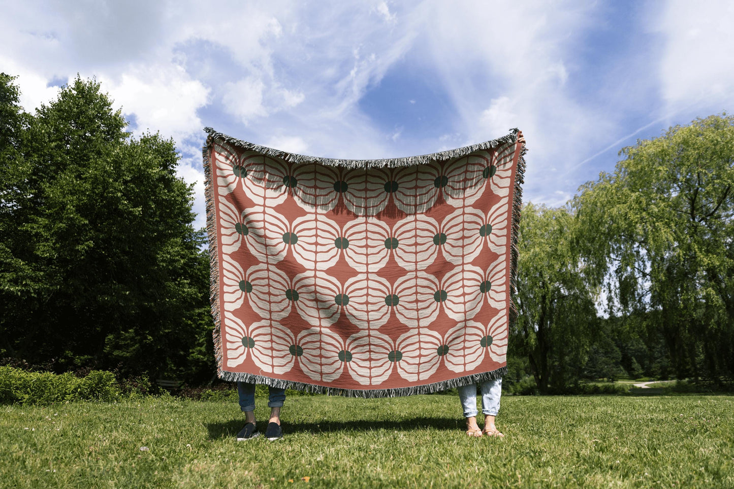 Retro Bloom Woven Cotton Blanket In Terracotta, Green, And White