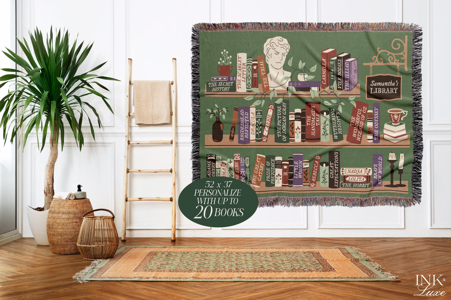 Personalized Bookshelf Woven Throw Blanket, Book Lover Gift, Gifts For Readers, Custom Reading Blanket, Bookish Tapestry Blanket, Book Nook