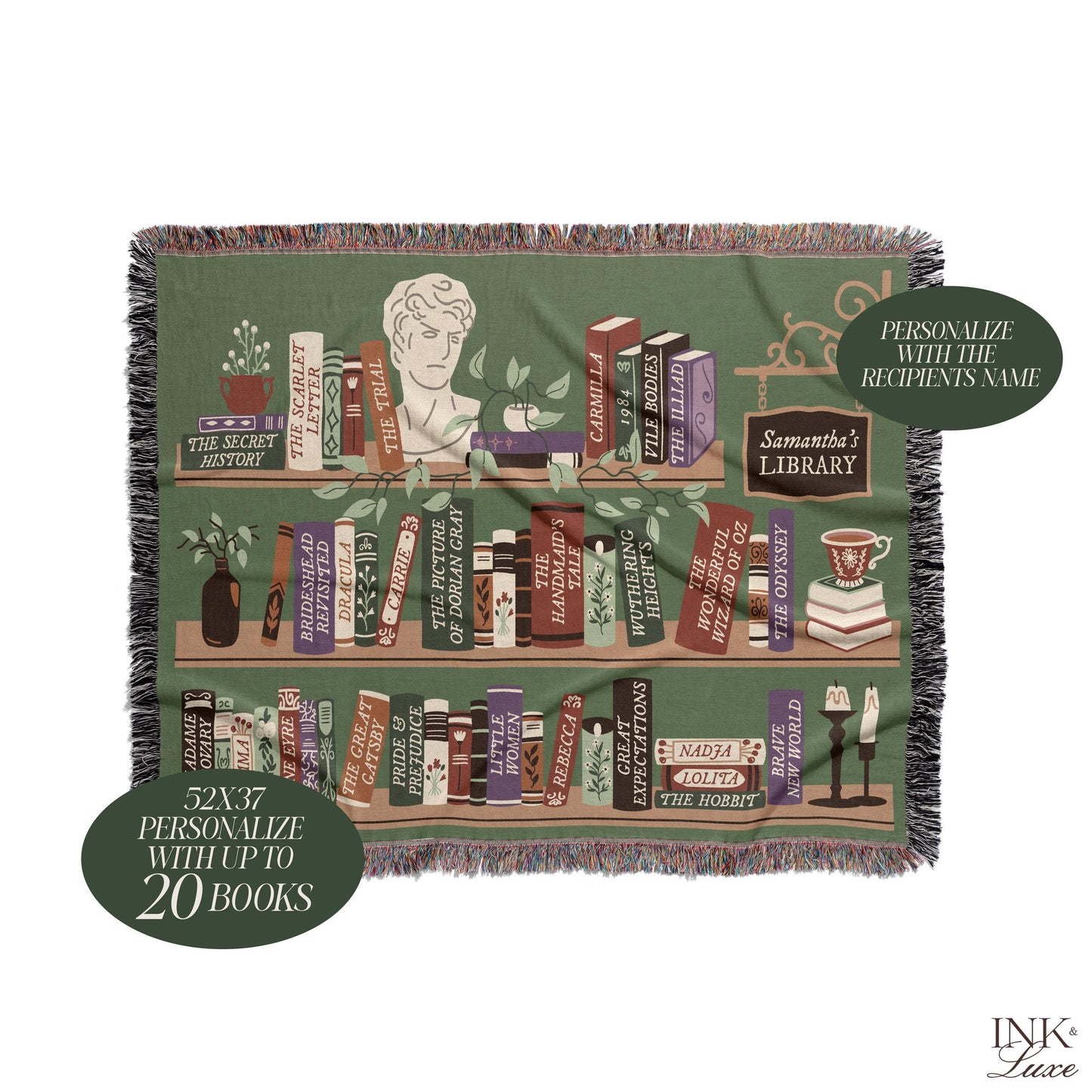 Personalized Bookshelf Woven Throw Blanket, Book Lover Gift, Gifts For Readers, Custom Reading Blanket, Bookish Tapestry Blanket, Book Nook