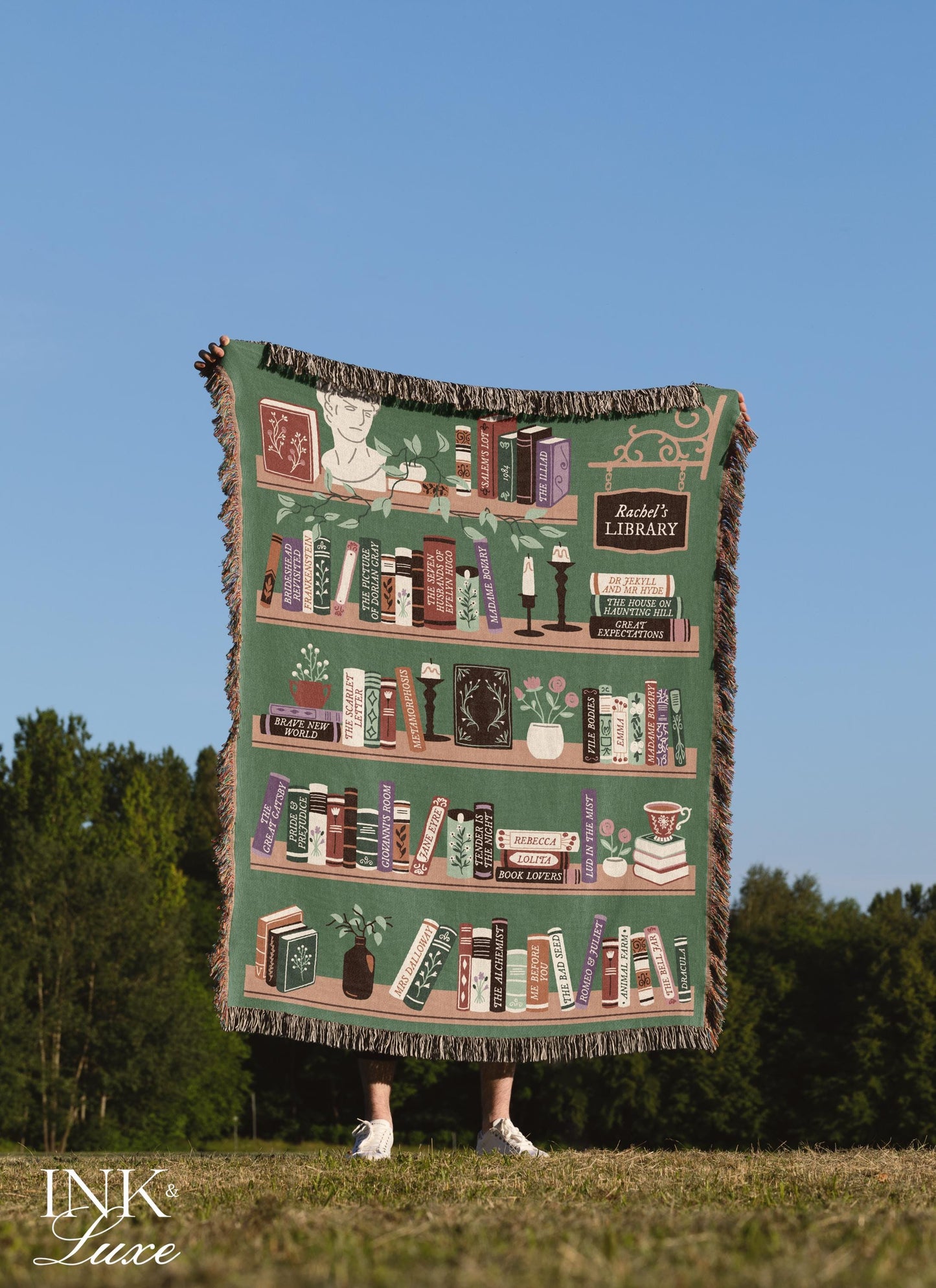 Personalized Bookshelf Woven Throw Blanket, Book Lover Gift, Gifts For Readers, Custom Reading Blanket, Bookish Tapestry Blanket, Book Nook