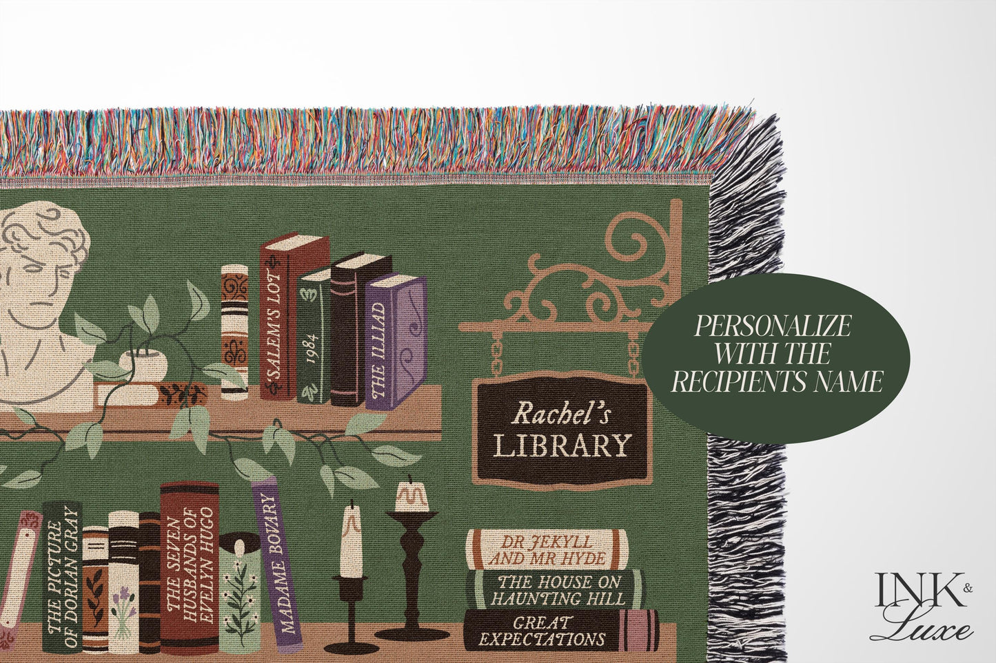 Personalized Bookshelf Woven Throw Blanket, Book Lover Gift, Gifts For Readers, Custom Reading Blanket, Bookish Tapestry Blanket, Book Nook