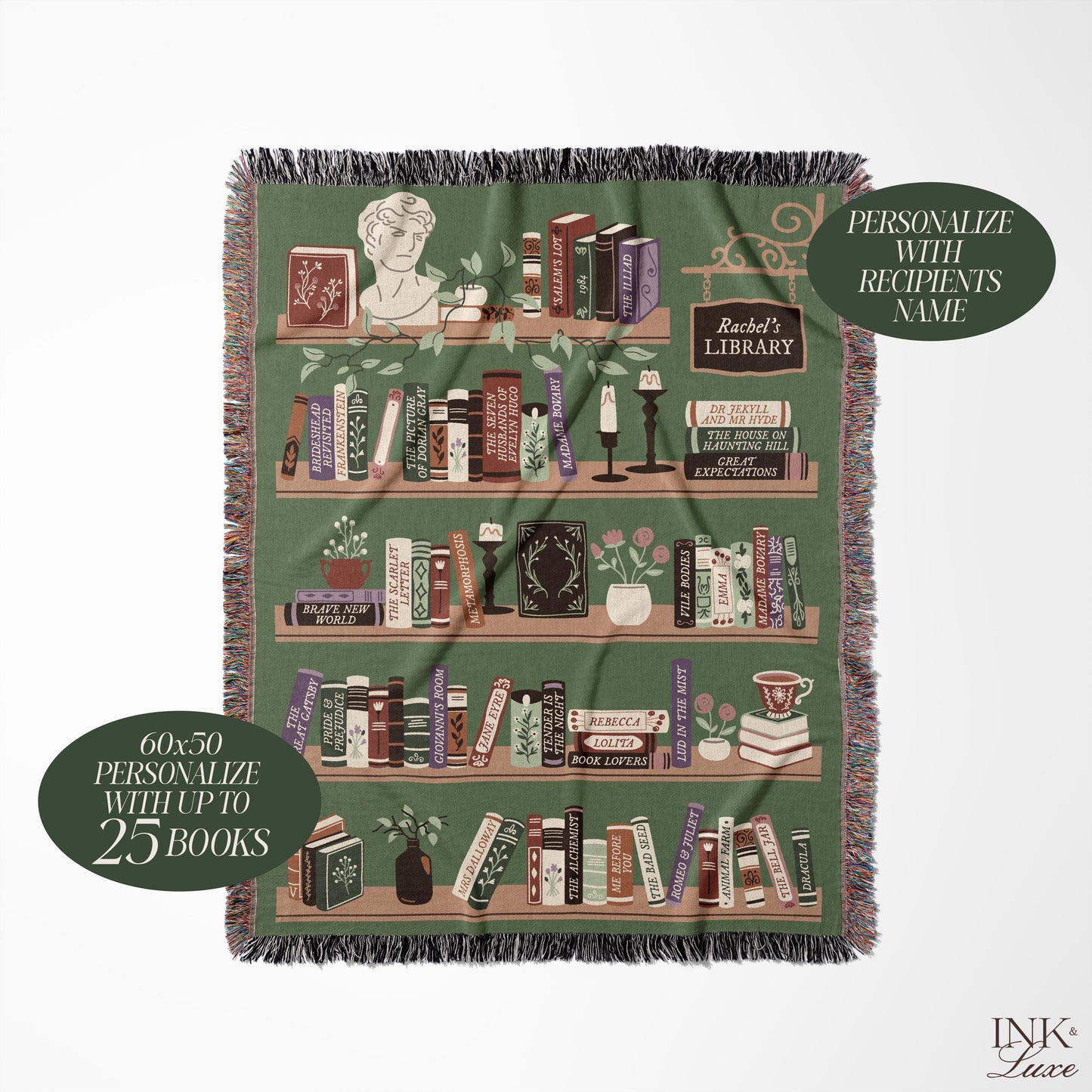 Personalized Bookshelf Woven Throw Blanket, Book Lover Gift, Gifts For Readers, Custom Reading Blanket, Bookish Tapestry Blanket, Book Nook